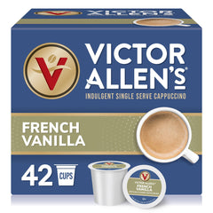 Victor Allen's French Vanilla cappuccino pod close-up emphasizing quick at-home indulgence.