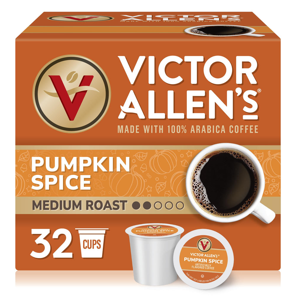 Victor Allen's Pumpkin Spice pod 32-count box for Keurig brewers.