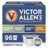 Victor Allen's Coffee variety pack box displaying 96 single-serve pods for Keurig.