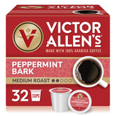 Victor Allen's Peppermint Bark pods in a box, ideal for seasonal mornings.
