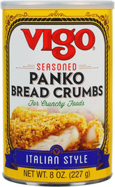 Vigo Italian Style seasoned panko breadcrumbs deliver a crisp coating for fried or baked dishes.