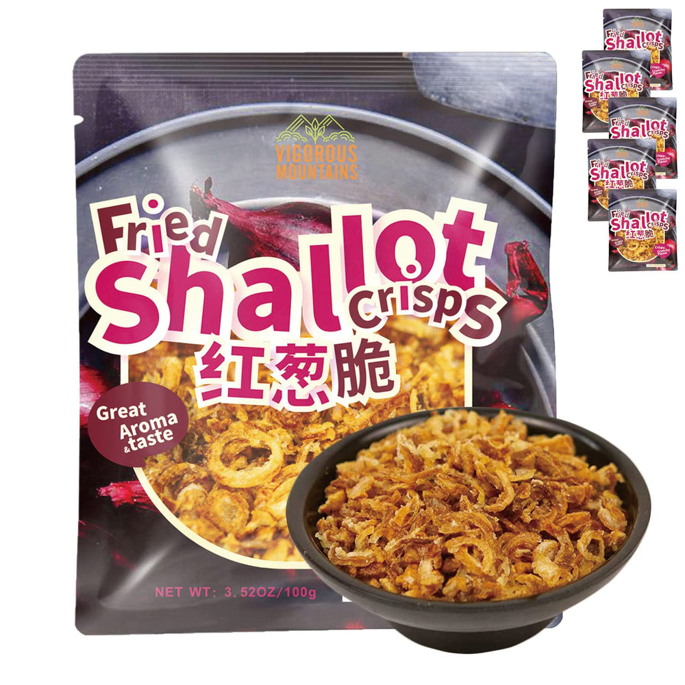 VIGOROUS MOUNTAINS Pure Fried Shallot Crisps front pack showing fresh flavor cue for pantry use