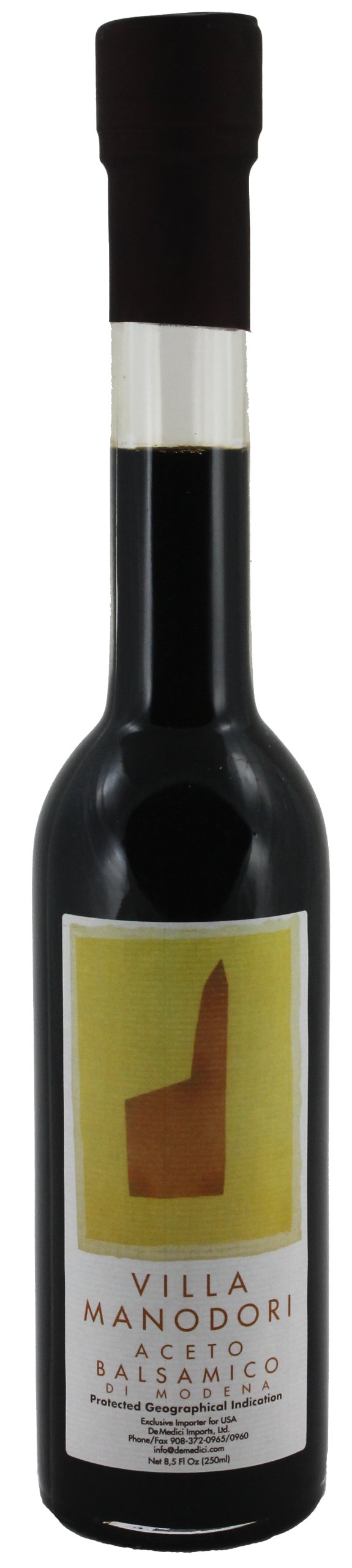 Villa Manodori balsamic vinegar bottle close-up highlighting the label, ideal for finishing dishes.