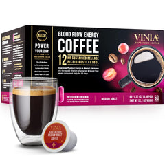 VINIA medium-dark roast coffee pods shown, ideal for energized mornings.