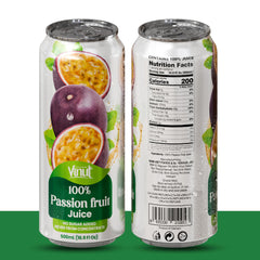 VINUT 100% passion fruit juice can back shows no added sugar.