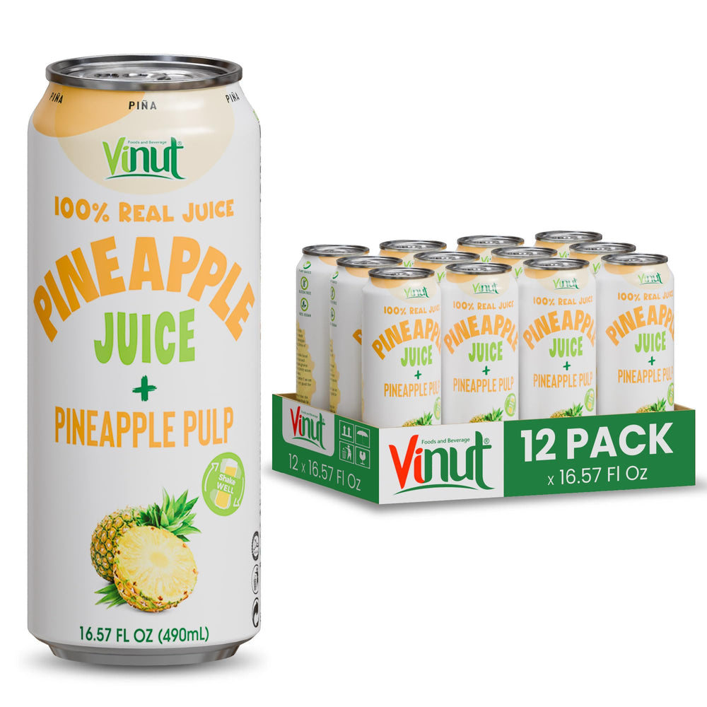 VINUT pineapple juice bottle closeup with real pulp and natural flavor.