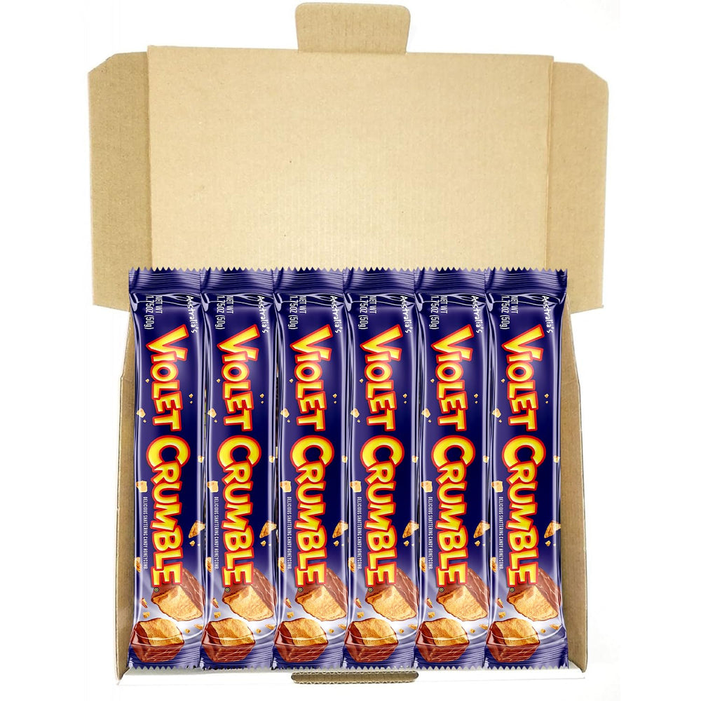 Violet Crumble 6-pack box front view for convenient snacking