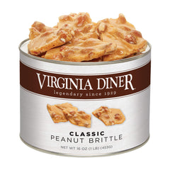 Virginia Diner Gourmet Peanut Brittle XL can with rich caramel crunch, ideal gift.