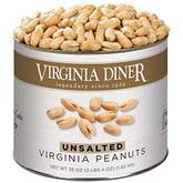 Virginia Diner unsalted XL peanuts in can front, premium snack with no preservatives.