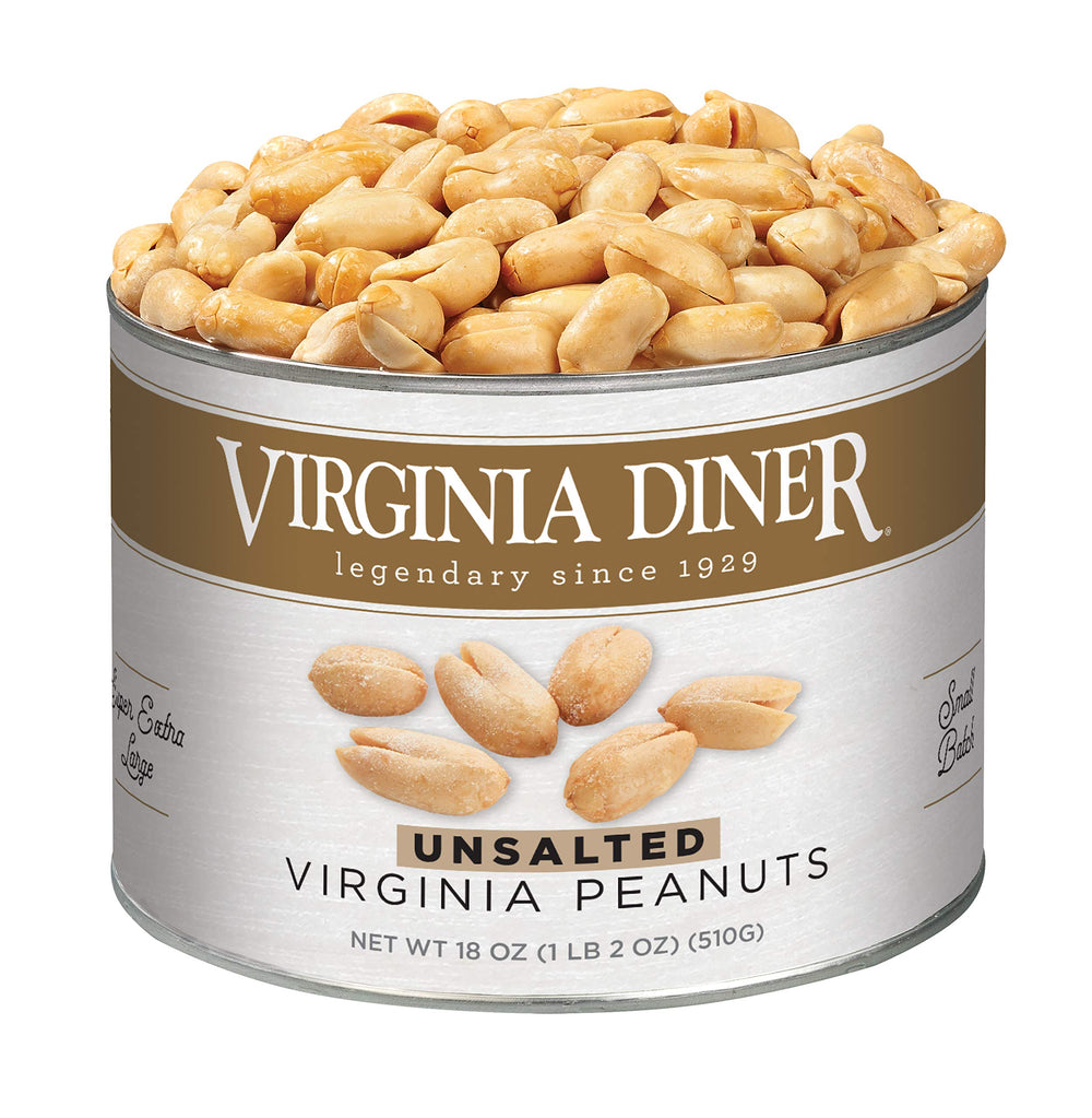 Virginia Diner unsalted peanuts in XL can front view, crisp premium snack.