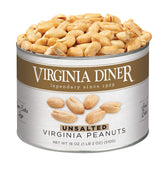 Virginia Diner unsalted peanuts in XL can front view, crisp premium snack.