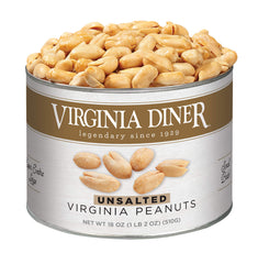 Virginia Diner unsalted peanuts in XL can front view, crisp premium snack.