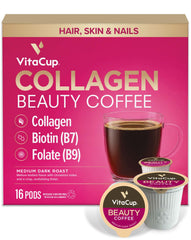 VitaCup Beauty Collagen Coffee Pod box on the counter highlights keto-friendly nutrition