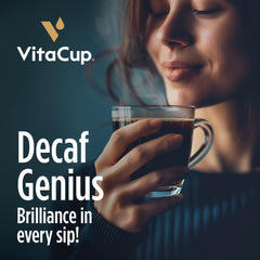 VitaCup Decaf Genius Keto coffee pods closeup highlights premium Arabica beans in a decaf blend.