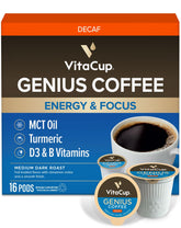 VitaCup Decaf Genius Keto coffee pods packaging shows bold branding for all-day focus.