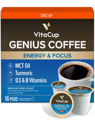VitaCup Decaf Genius Keto coffee pods packaging shows bold branding for all-day focus.