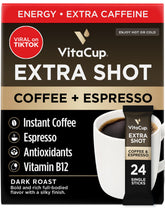 VitaCup Extra Shot coffee packet pour reveals bold espresso aroma for quick energy