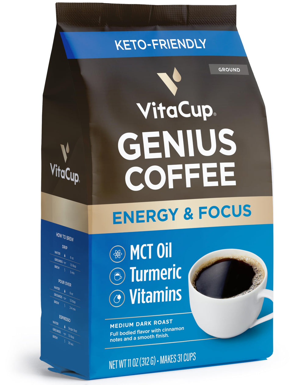 VitaCup Genius Ground Coffee bag with turmeric reveals premium Arabica blend and aroma.