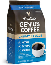 VitaCup Genius Ground Coffee bag with turmeric reveals premium Arabica blend and aroma.