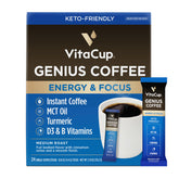Packaging of VitaCup Genius Instant Coffee Packets shows keto-friendly convenience.