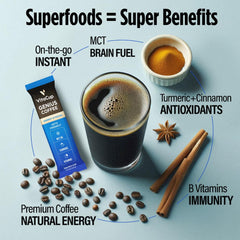 Close-up of VitaCup Genius Instant Coffee sticks and Arabica beans.