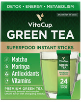 Vitacup Green Tea Instant Packets for on-the-go energy and detox support.