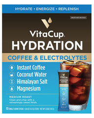 VitaCup hydration coffee packets in a stand, highlighting electrolyte blend for daily hydration.