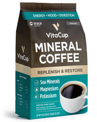VitaCup Mineral Coffee pour showing trace minerals for a clean energy boost.