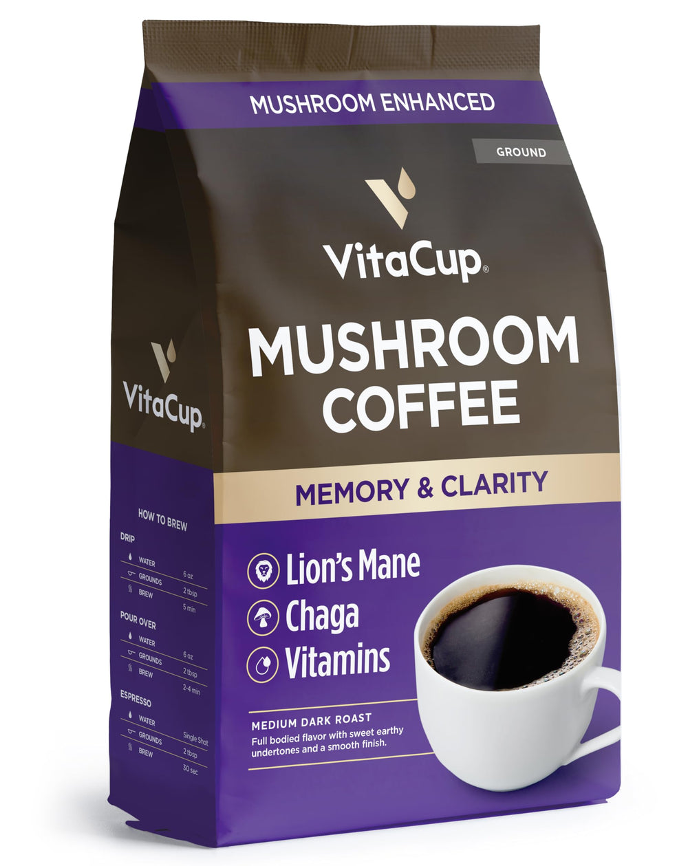 VitaCup Mushroom Coffee Grounds packaging front emphasizes focus and aroma