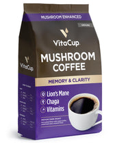 VitaCup Mushroom Coffee Grounds packaging front emphasizes focus and aroma