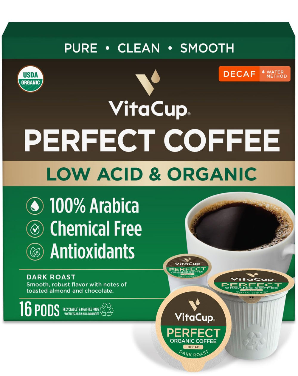 VitaCup Organic Perfect Dark Roast Decaf pod for a smooth, low-acid cup.