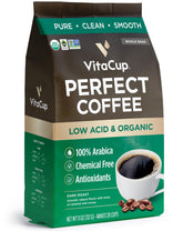 VitaCup Perfect Low Acid Coffee bag highlighting organic, fair trade freshness for a clean cup.