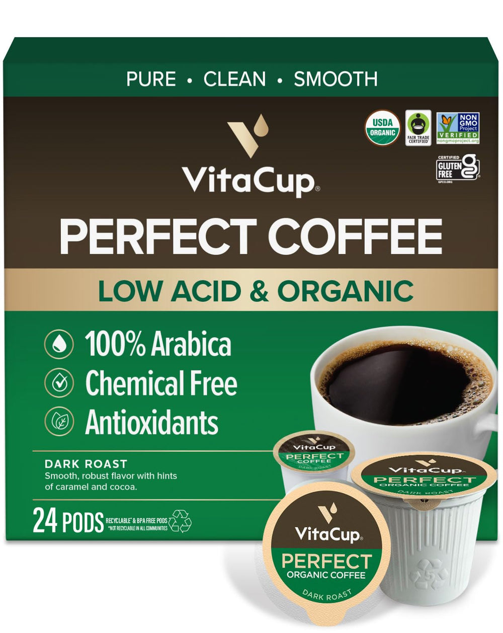 VitaCup Perfect Low Acid Pod packaging for fresh aroma at home