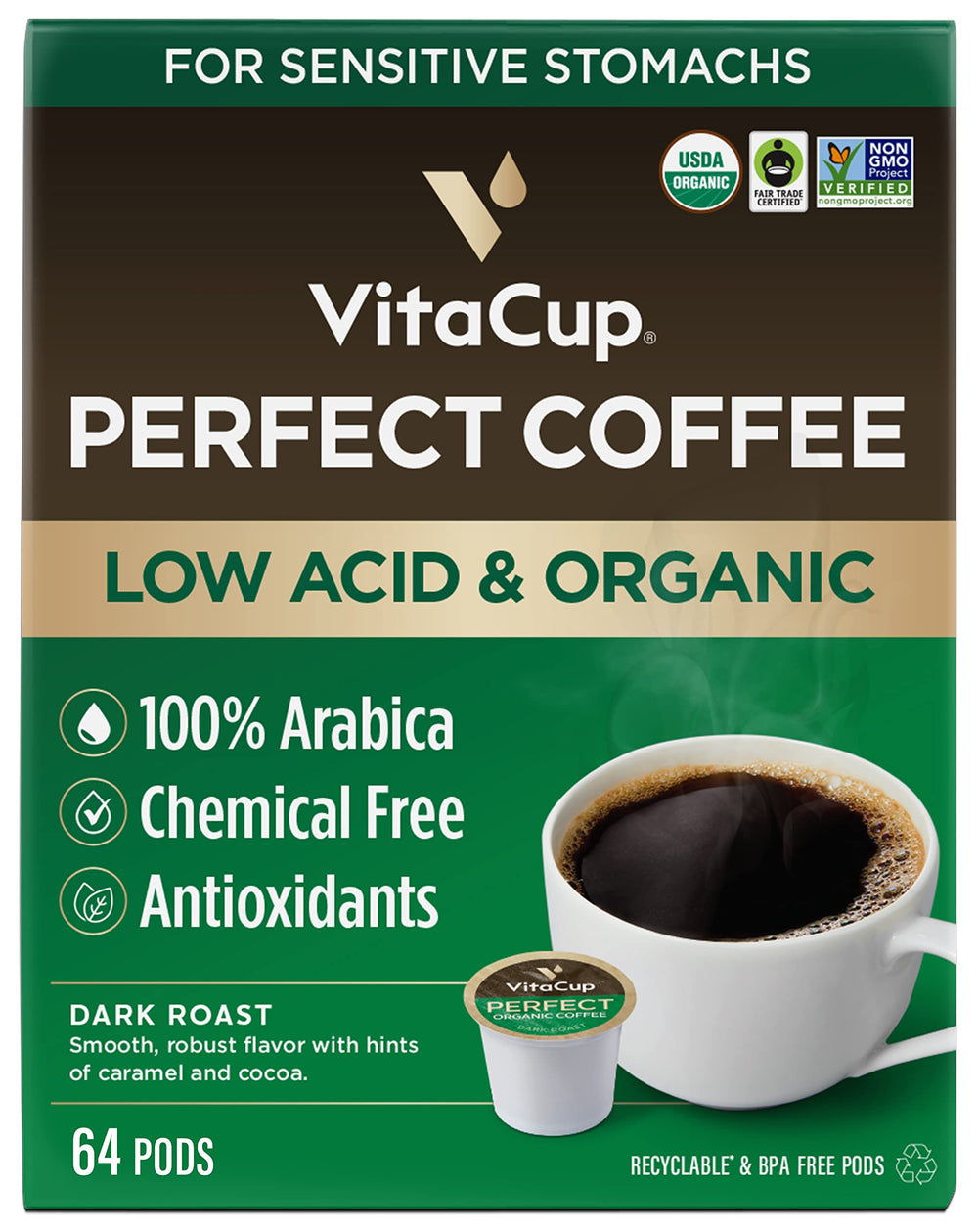 VitaCup Perfect Low Acid pods box front with packaging detail