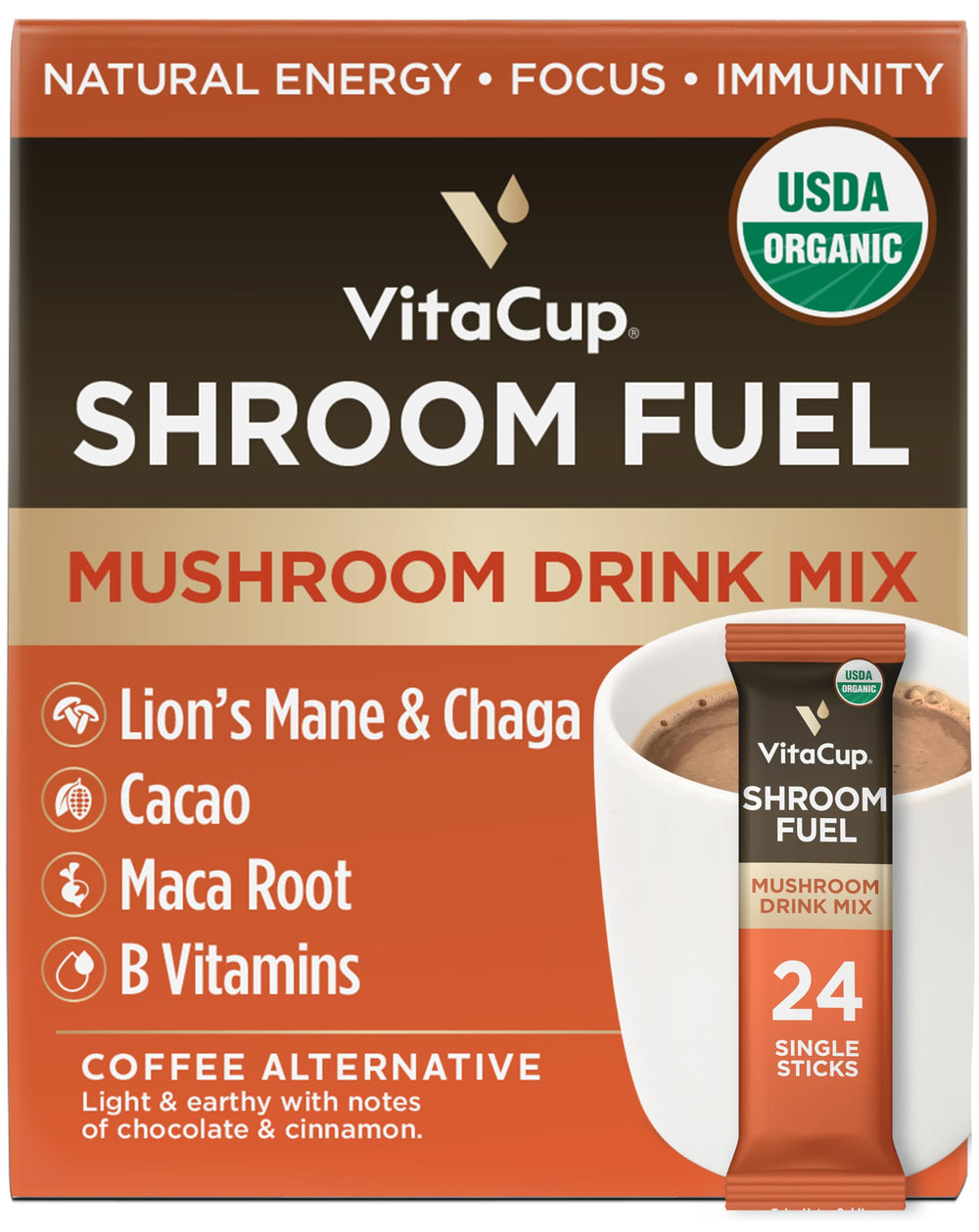 VitaCup Shroom Fuel packets close-up showing convenient single-serve format for on-the-go energy