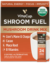 VitaCup Shroom Fuel packets close-up showing convenient single-serve format for on-the-go energy