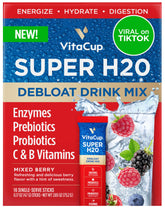 VitaCup Super H2O bloating relief packets shown for quick, portable digestive support