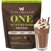 VitaHustle all-in-one chocolate shake bottle showing convenient vegan meal replacement