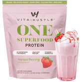VitaHustle All-in-One Shake strawberry bottle closeup; protein-packed vegan meal replacement.