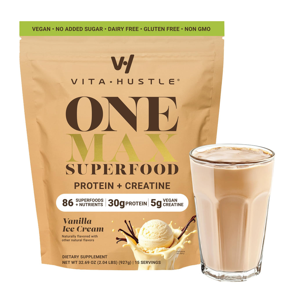 VitaHustle ONE Max Protein vanilla bottle showing flavor and benefits for muscle recovery