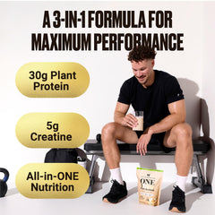 VitaHustle ONE Max Protein vanilla powder scoop highlights 30g plant protein per serving