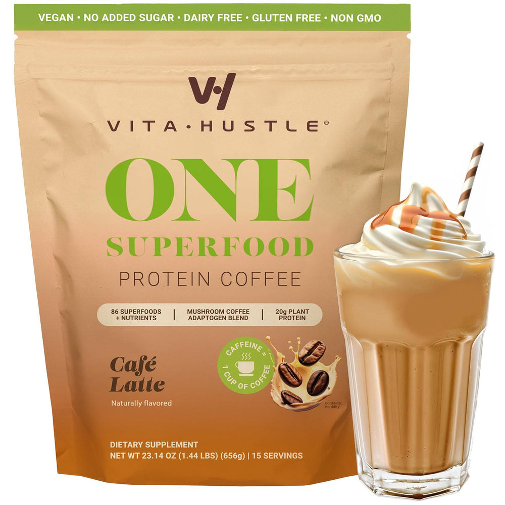 VitaHustle ONE cafe latte cup displaying creamy texture, ideal for meal replacement