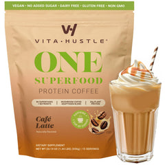 VitaHustle ONE cafe latte cup displaying creamy texture, ideal for meal replacement
