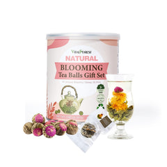 VitalForest bloom display as a blooming tea ball unfurls in a clear glass teapot.