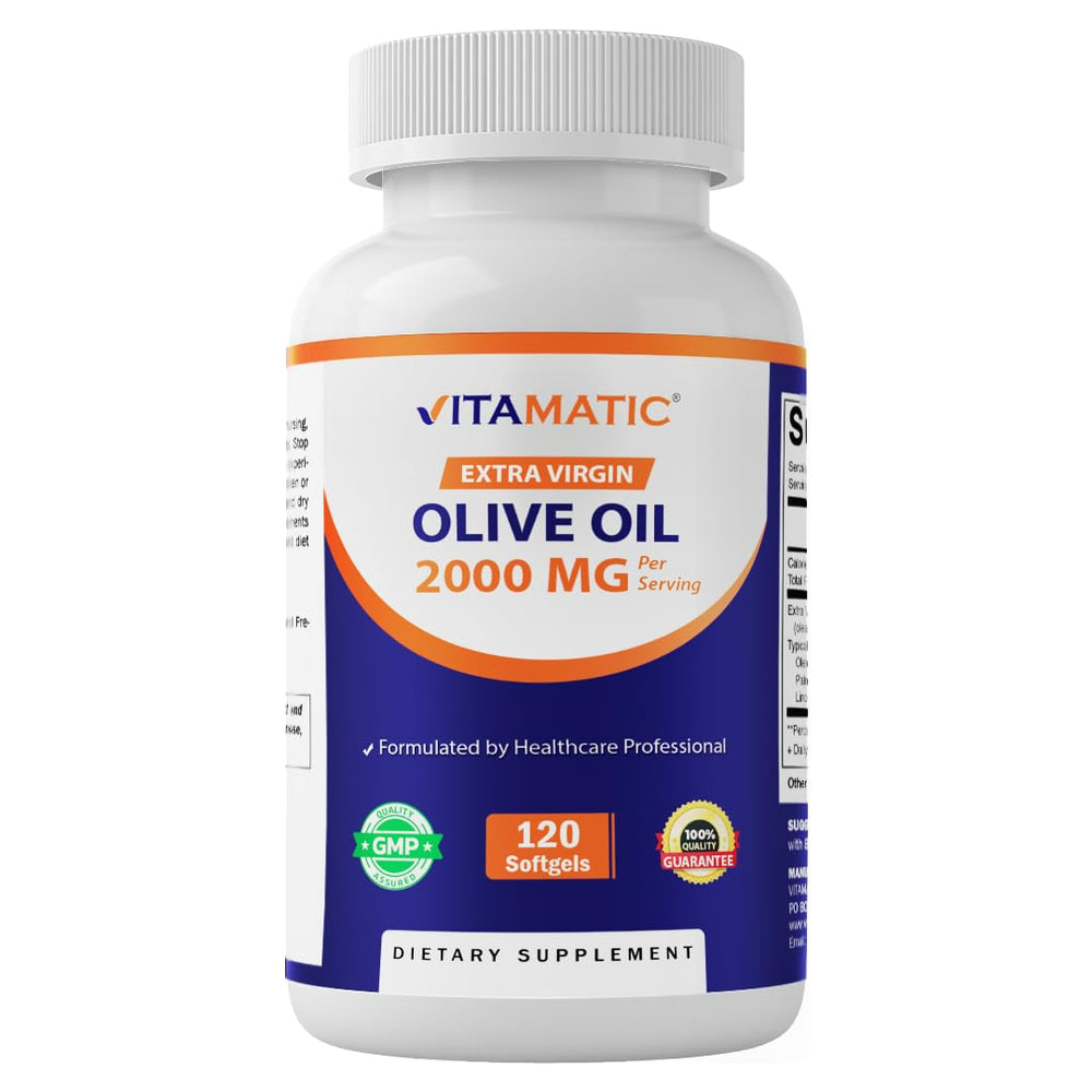 Vitamatic olive oil softgels bottle for easy daily heart-healthy intake.