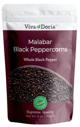Viva Doria Malabar peppercorn bottle for fresh pepper flavor at meal prep.