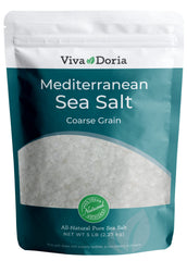 Viva Doria Mediterranean coarse salt crystals in a bag, perfect for finishing flavorful dishes.