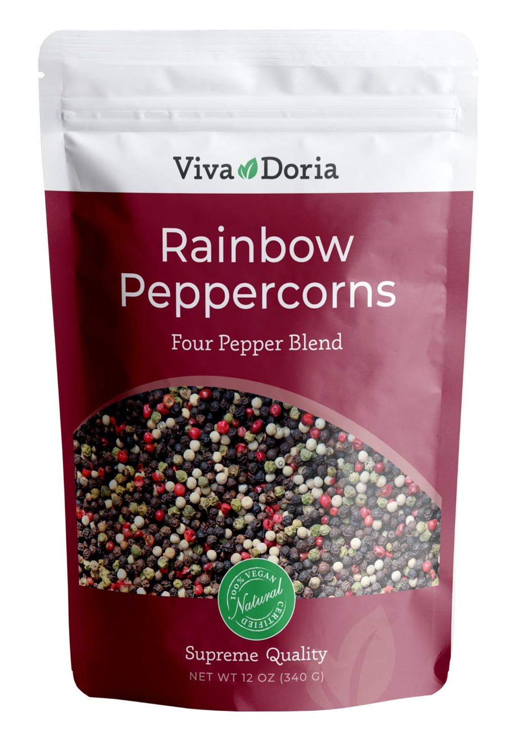 Viva Doria Rainbow Peppercorns Blend packaging, ideal for grinder refills and varied seasoning.