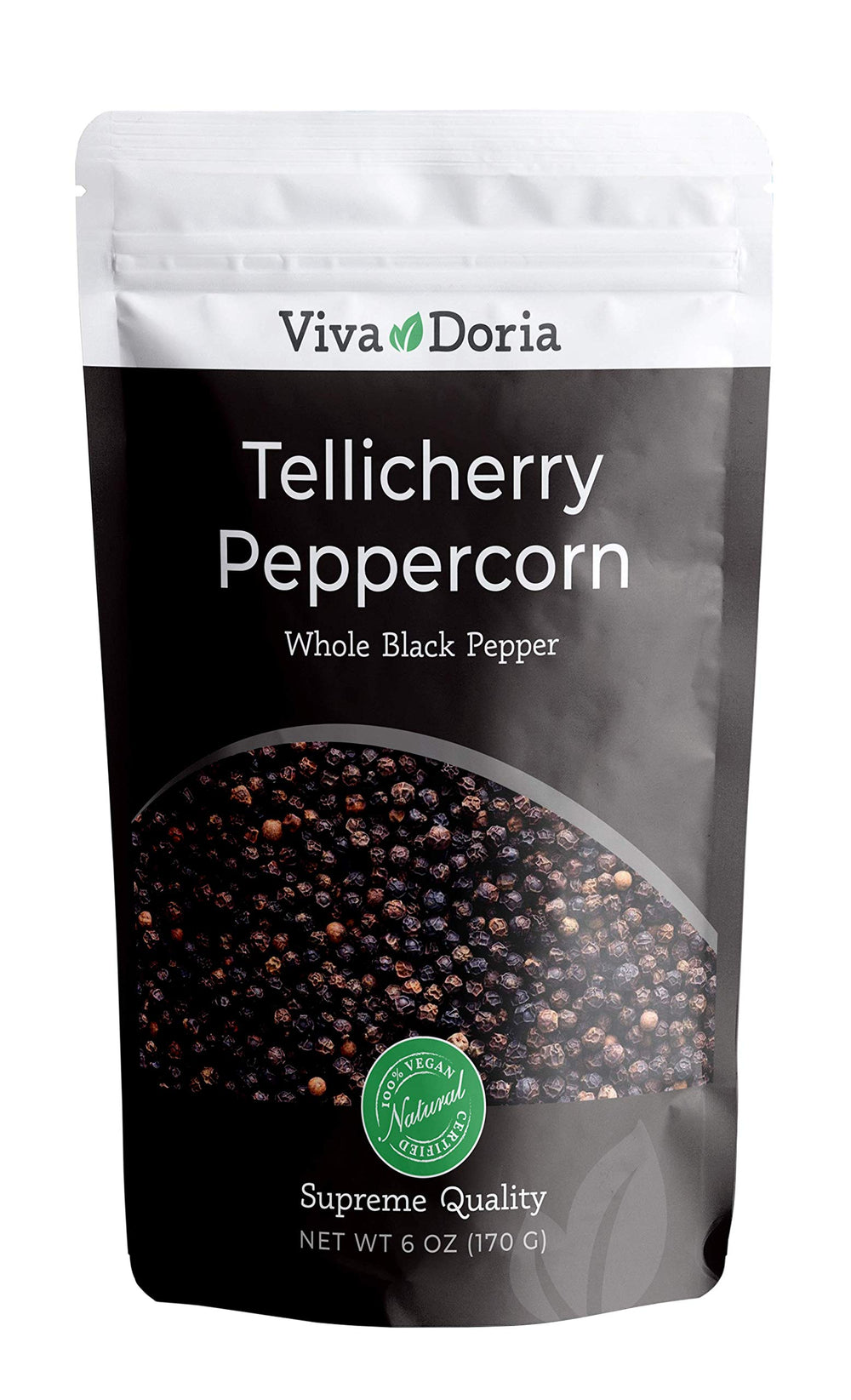 Viva Doria Tellicherry peppercorns close-up, highlighting large size and vibrant citrus aroma for rich flavor.