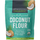 Viva Naturals Coconut Flour bag pour highlights gluten-free baking versatility and clean ingredients.